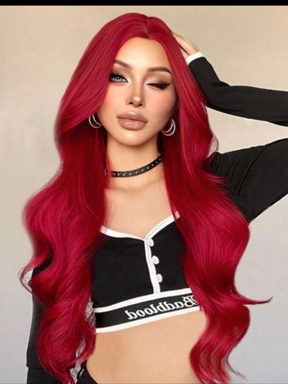 26 inch Red Long Curly Wavy Synthetic Heat Resistant Wig With Bangs Women Wigs